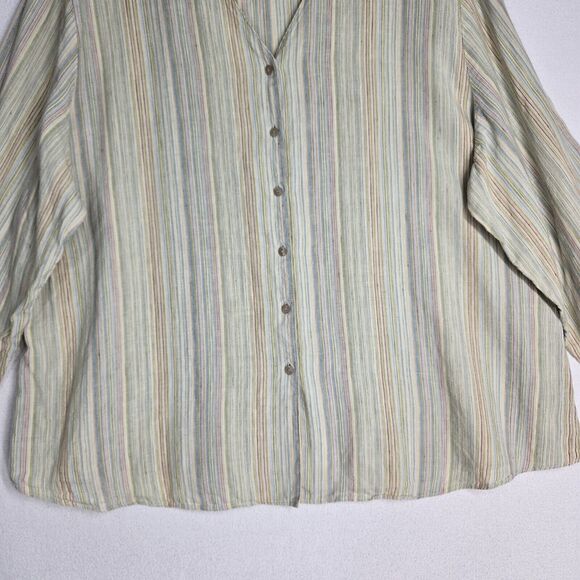 J. Jill 100% Linen Top 3X Green Multi Pin Stripe Button Front Boxy Coastal - Picture 3 of 13